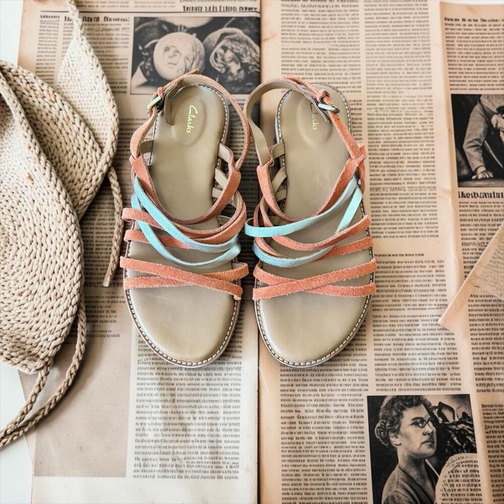 Clark Strappy Orange/Tan Sandals with Metallic Silver Accents SZ 8.5